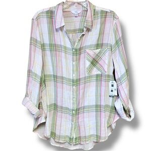 Time And Tru Pink Plaid Button Down Shirt XL Roll Tab Sleeve Cotton